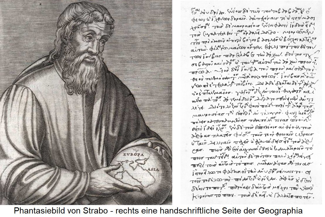 Phantasiebild vonb Strabo und hanschriftliche Seite von Geographia