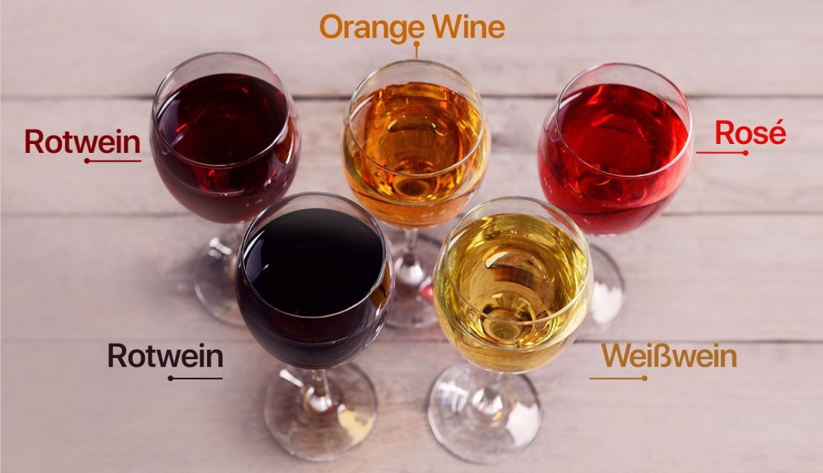 Orange Wine - Weintypen mit Rotwein, Rosé, Weißwein und Orange Wine in Gläsern