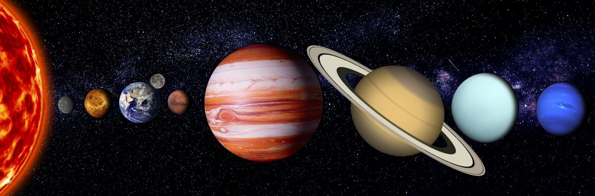 Mondphasen - Sonnensystem mit Erde und Mond sowie allen Planeten