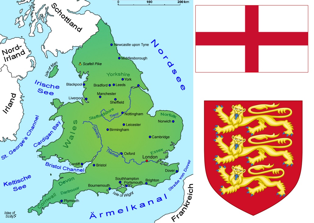England - Landkarte, Flagge und Wappen