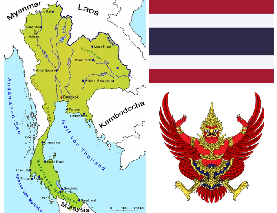 Thailand - Landkarte, Flagge, Wappen