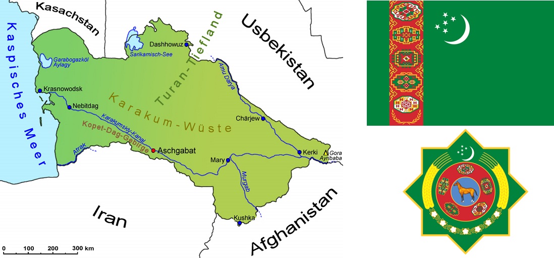 Turkmenistan - Landkarte, Flagge, Wappen