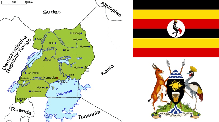 Uganda - Karte, Flagge, Wappen