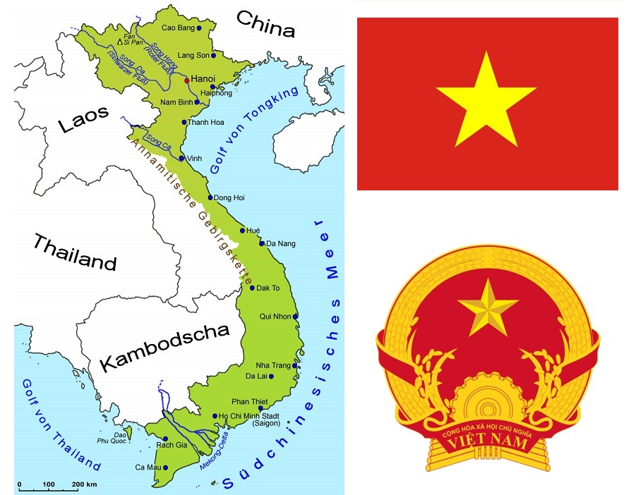 Vietnam - Landkarte, Flagge, Wappen